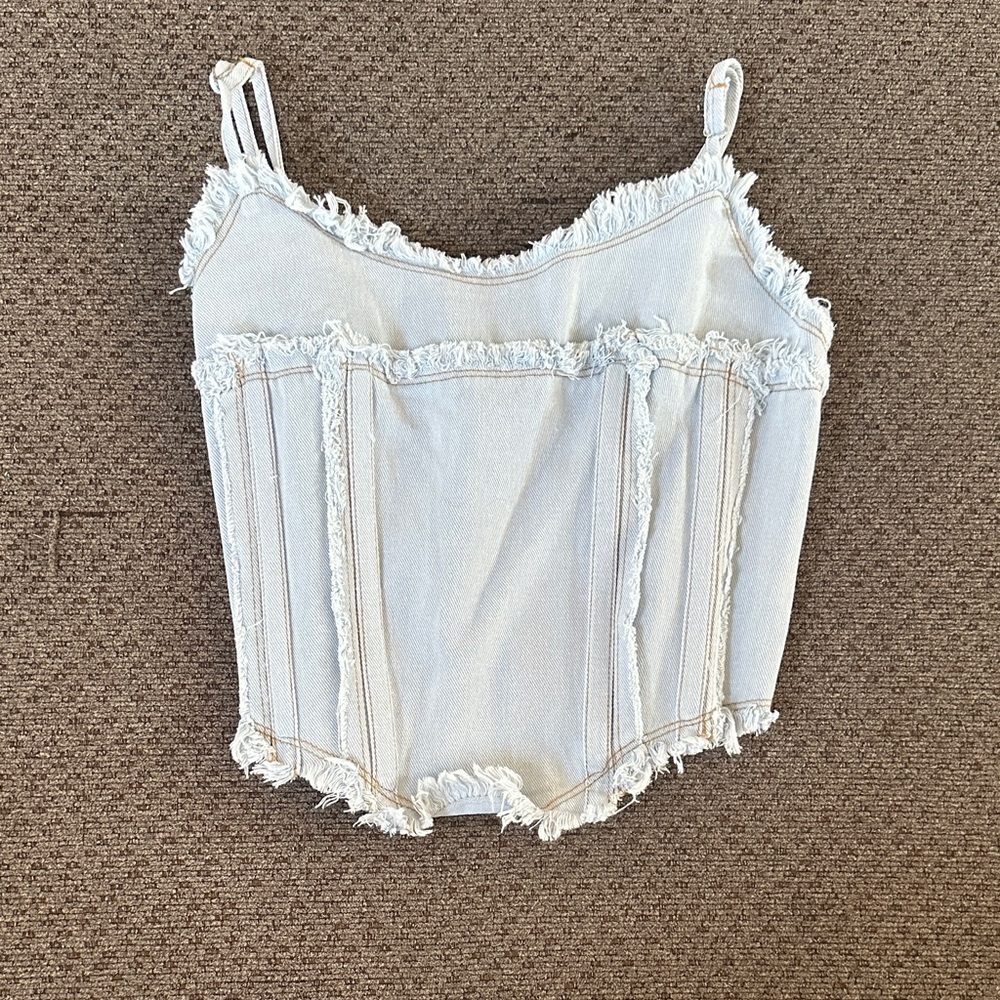 Frayed Denim Crop Top - White